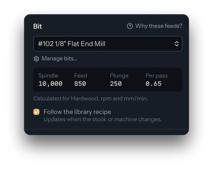 The bit and cut settings used for this toolpath